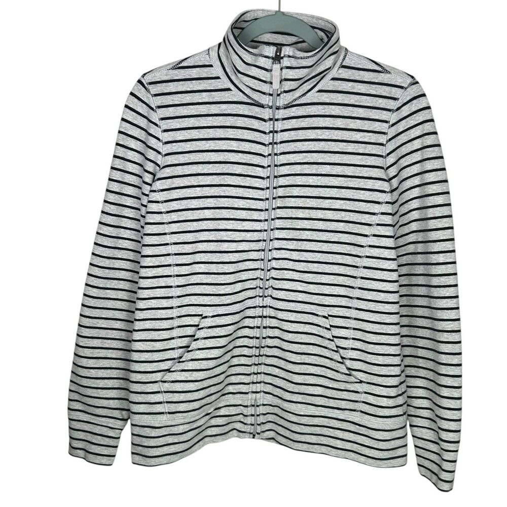 LL Bean Jacket Womens S Gray Black Striped Ultrasoft Sweats Full Zip Mock Neck